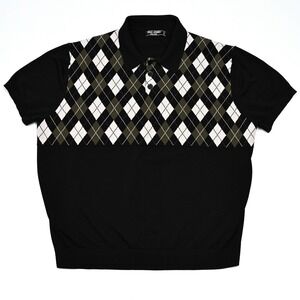 PJ Paul Jones Shirt Mens 2XL Black Argyle Collar Polo Short Sleeve Button‎ Up